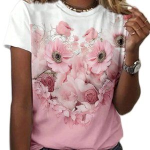 Women's Floral Roses White & Pink Top LG